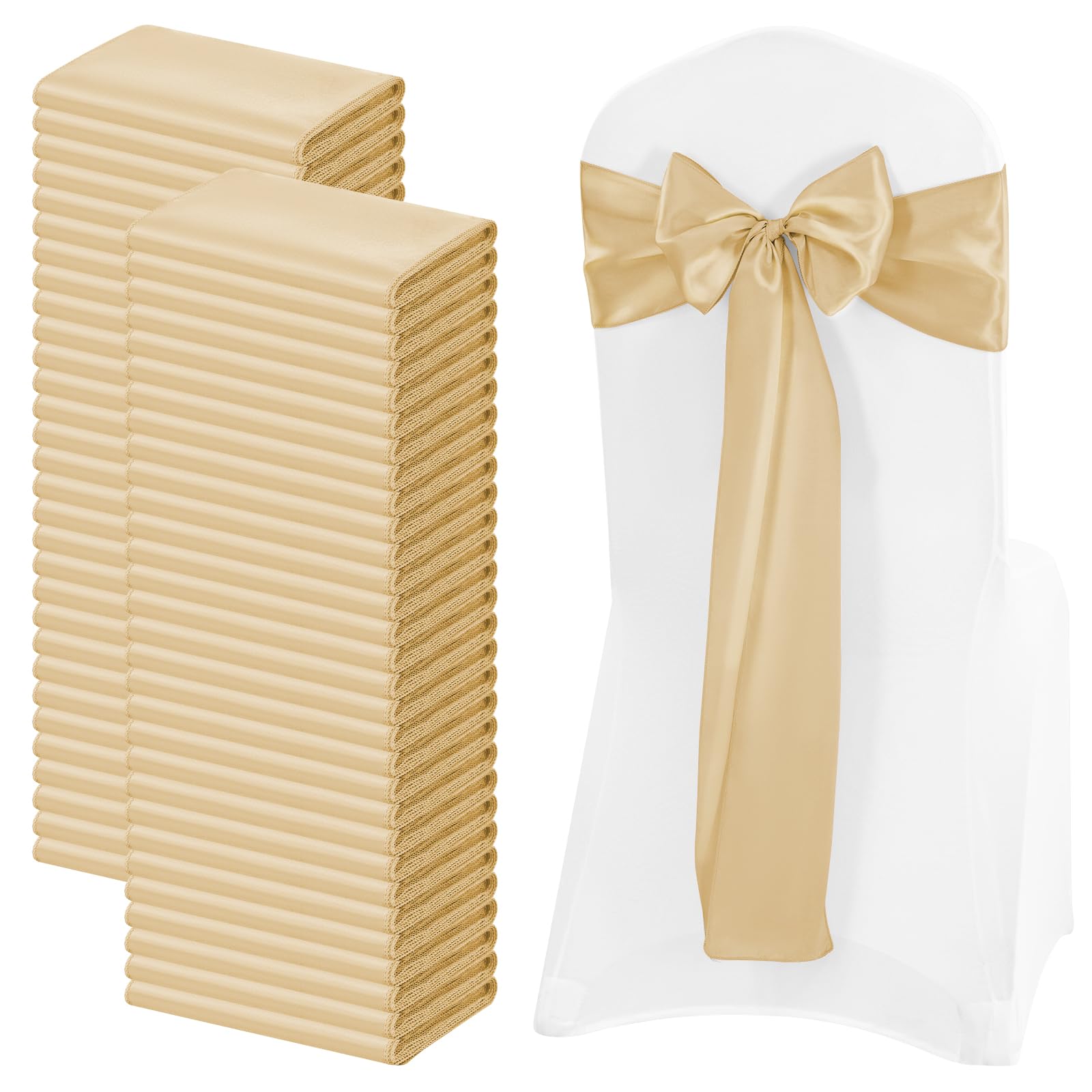 FXKS 100 PCS Satin Chair Sashes Champagne Bows Sashes for Chair Covers, Washable Reusable Chair Cover Back Tie Supplies for Wedding Reception Events