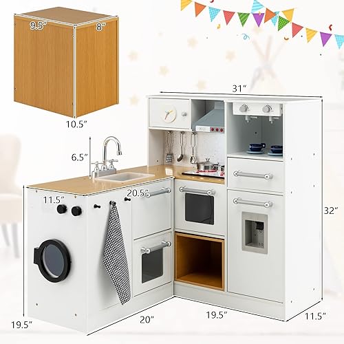 Miniatura 6 de GLACER Juego de cocina de madera para niños, cocina de juego de simulación de 2 piezas con luces y sonidos realistas, lavadora, dispensador de agua,