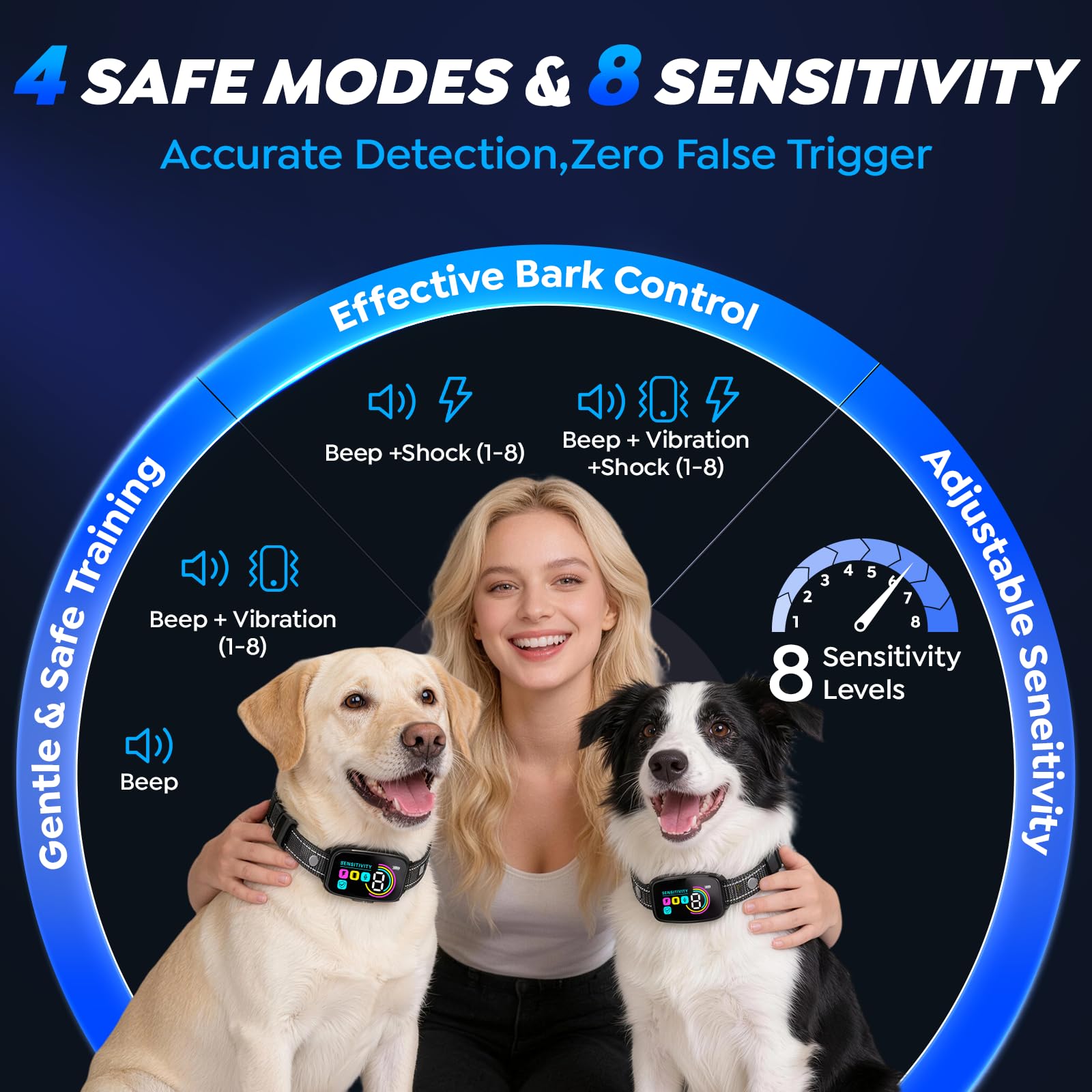 Dog Bark Collar for Large Medium Small Dogs,Smart Anti Barking Device with 4 Training Modes,Rechargeable IP67 Waterproof Barking Collar with 8 Adjustable Sensitivity (Black) — view 4