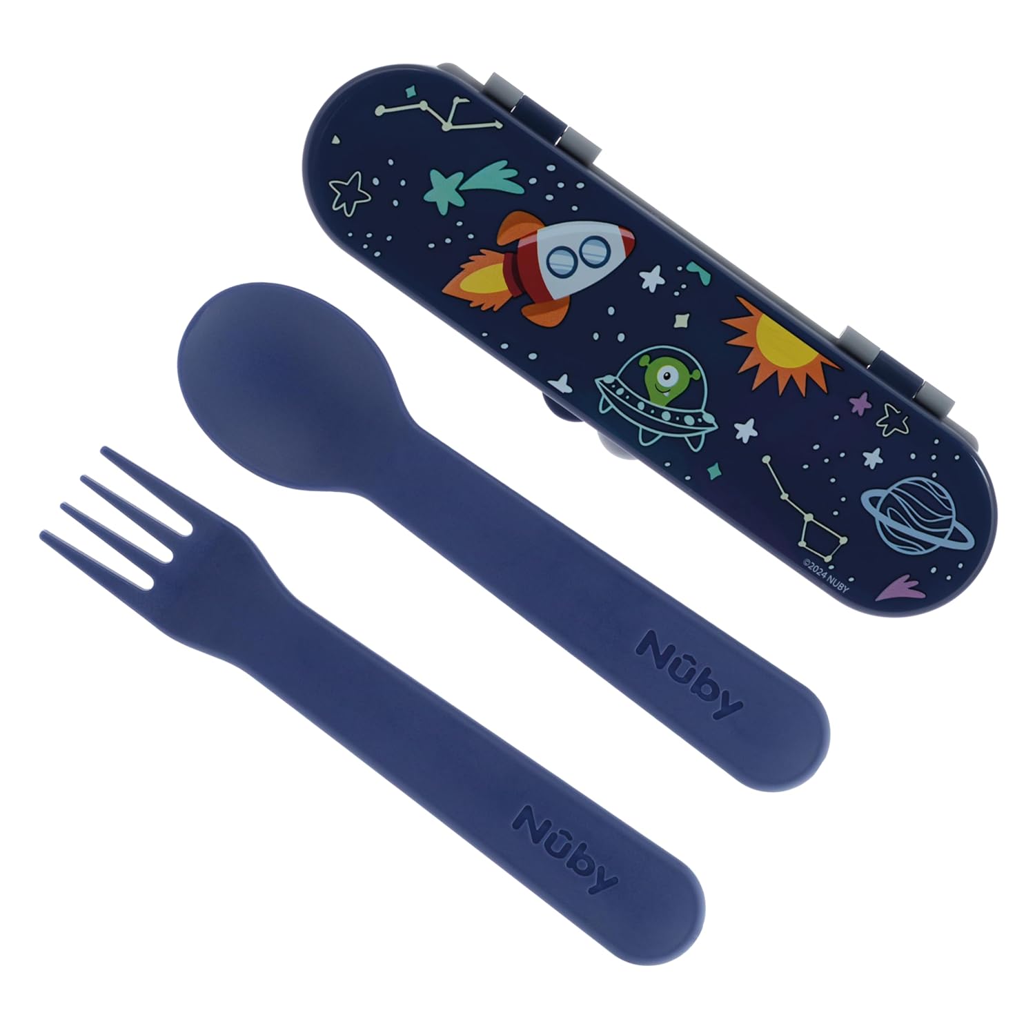 Nuby Toddler Utensils with Travel Case – Self-Feeding Fork & Spoon Set for Kids, Easy-to-Hold Training Utensils with Rounded Safe Edges, Bright Colors & Fun Patterns for Independent Mealtime, Galaxy