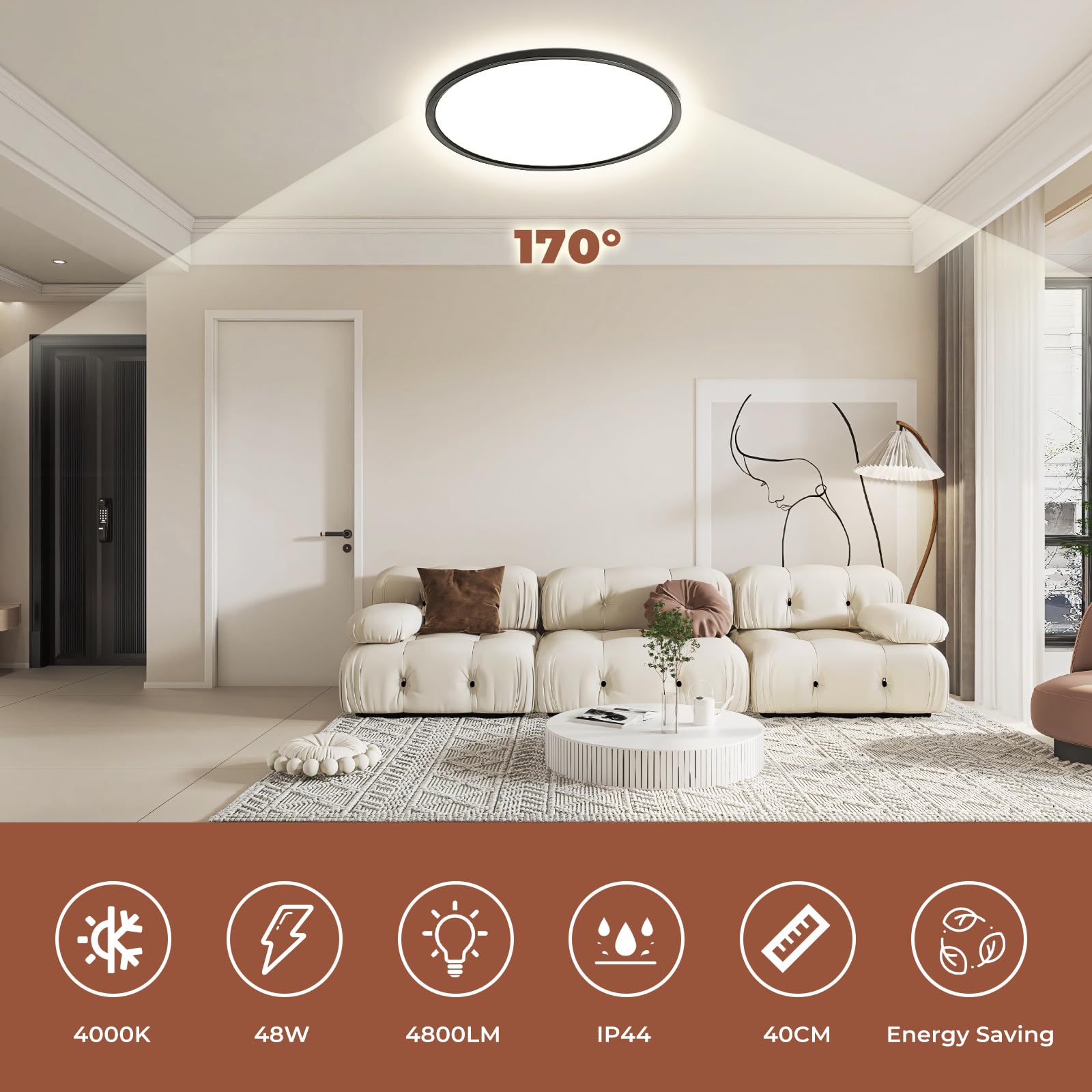 EASY EAGLE lampa sufitowa LED, płaska 40 cm, okrągła lampa sufitowa 4000k 48 W, czarna, nowoczesna lampa do łazienki, panel LED, lampa kuchenna do korytarza, sypialni, balkonu, salonu, kuchni, piwnicy