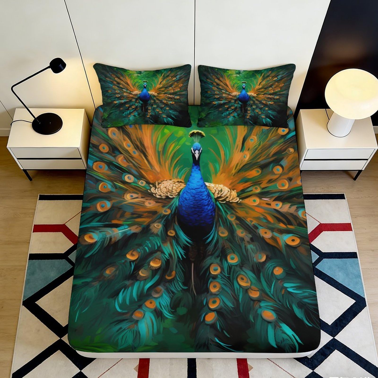 3D Printed Peacock Feather Fitted Sheet Microfiber Soft Breathable Vibrant Blue Mattress Cover for Bedroom Dorm Decor 140x200x25cm