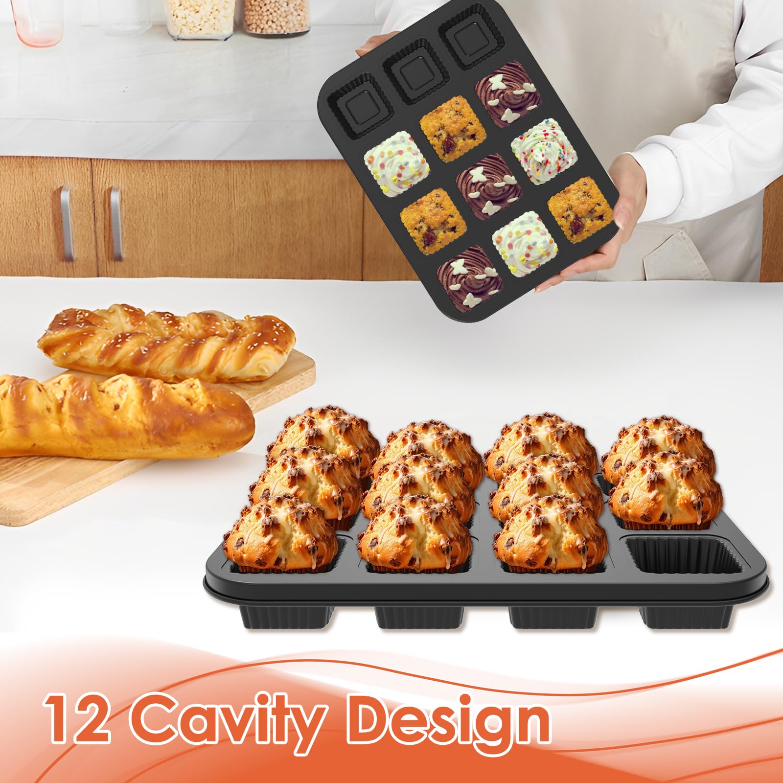 Lot de 4 moules à muffins carrés en acier au carbone anti-adhésif, 12 cavités, faciles à nettoyer, multi-usages avec bord ondulé pour la cuisson au four (noir)