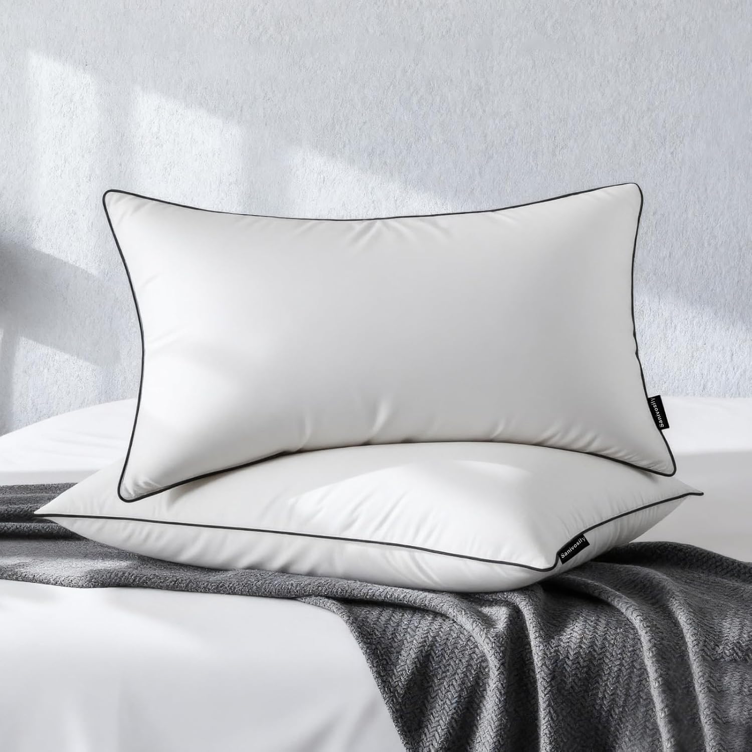 Feather Down Pillow King Size Set of 2, 100% Cotton Luxury Hotel Collection Bed Pillows for Sleeping, Down Surrounded Fluffy Soft Medium Firm Pillows for Side Back Stomach Sleepers 20" x 36"