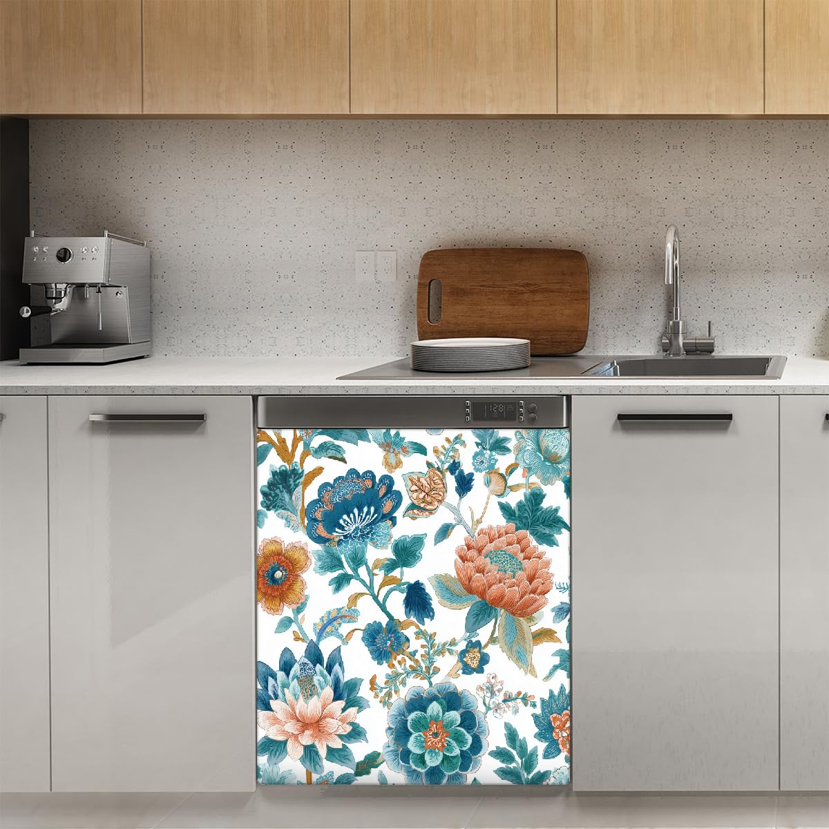 Geschirrspüler-Abdeckung, Magnet, 66 x 53 cm, Kühlschrank-Türabdeckungen, Blaugrün, Orange, Blumenmuster, Geschirrspüler-Panel, Magnete, dekorative Abdeckung für Zuhause, Küche