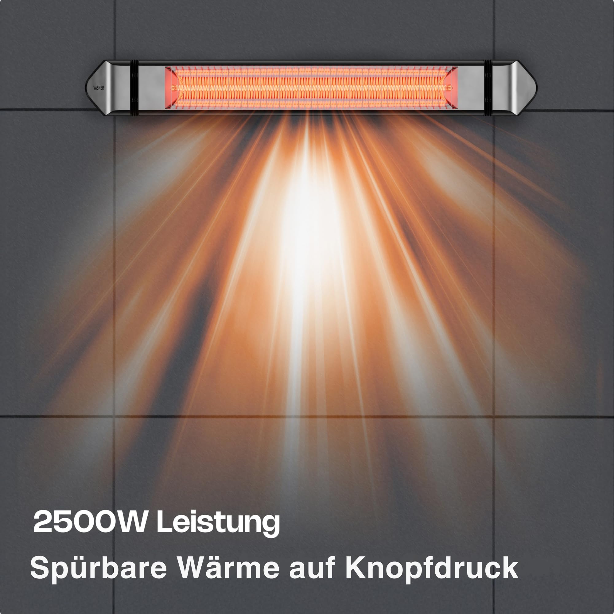 VASNER Teras 25 Basix – Elektrischer Terrassenstrahler mit 1 Heizstufe, 2500 Watt, Infrarot Heizstrahler für Outdoor, Infrarotstrahler Gastro/Terrasse, extern steuerbar (Schwarz)