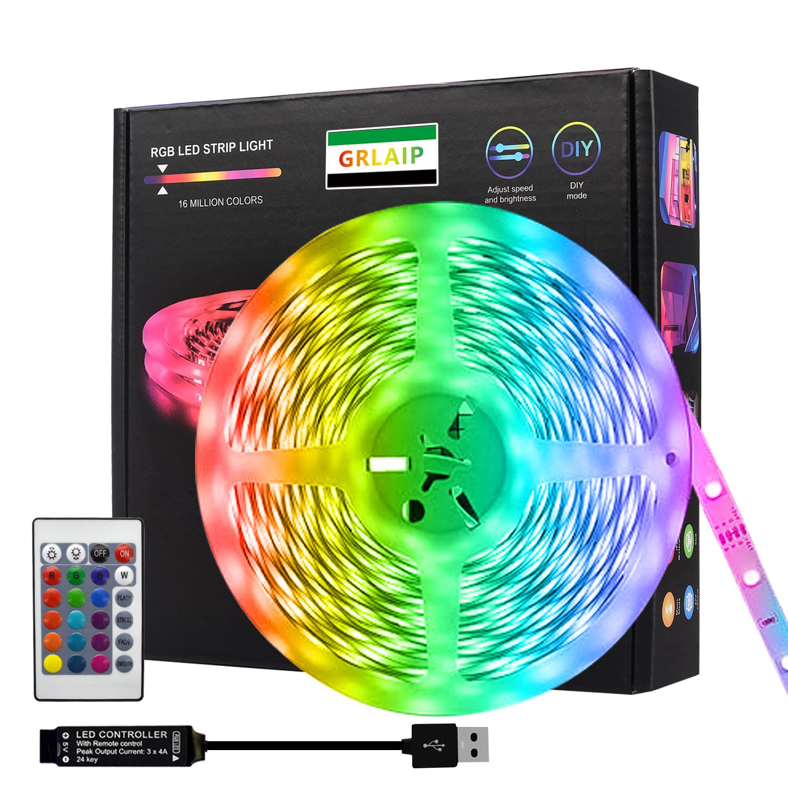 GRLAIP LED light strip RGB Color Changing, 16.4FT（5M）USB led strip lights,Smart and Remote Control, IP44,led 5050RGBW Rope Lights for Living Room, Bedroom, Party, Kitchen,TV