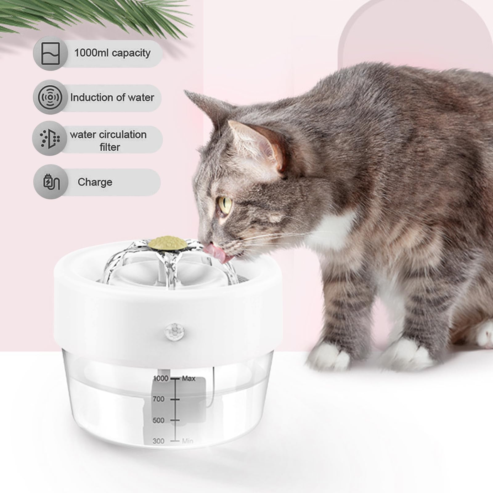 Kyaoayo Fontaine à eau pour chat et chien, fontaine pour chat, distributeur d'eau pour chien, accessoire pour chat, fontaine sans fil, 1 l, avec 2 modes de sortie, une batterie de 1000 mAh et un