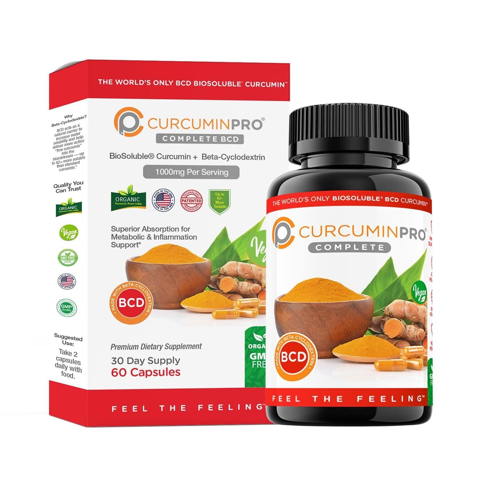 - curcuminpro Complete BCD | 30 Day Supply | World's Only BioSoluble Vegan Beta Cyclodextrin & Organic Turmeric Curcumin | Natural Joint & Muscle Support | Vegan | 60 Count