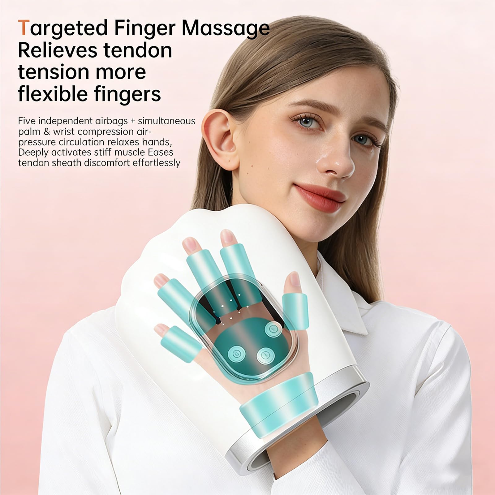 Massaggiatore di Mani Intelligente: Ammassaggio Sacchi d'Aria 3D, Riscaldamento Profondo, Massaggio Ciblatto Dita/Palmo, 3 Livelli Pressione/Calore, Luce Rossa/Blu, Tutte le Taglie, Batteria 2000mAh