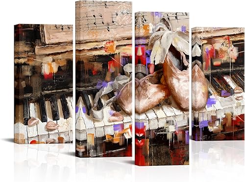 Derkymo 4 paneles de arte de pared de lienzo de música vintage, teclado de piano abstracto, zapatos de ballet, impresiones de pintura para