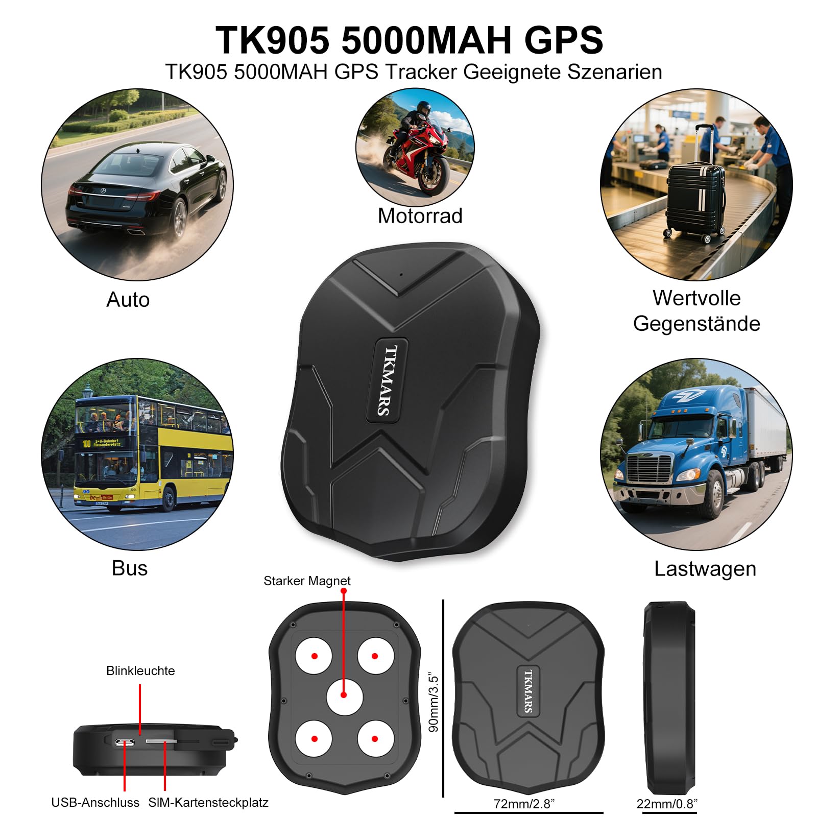 TKMARS GPS Tracker Ohne ABO GPS Tracker Auto 90 Tage Standby-Zeit, 5 Sekunden Zum Aktualisieren Der Position, Stark Magnetisch und Wasserdicht mit Kostenloser App, 5000mah
