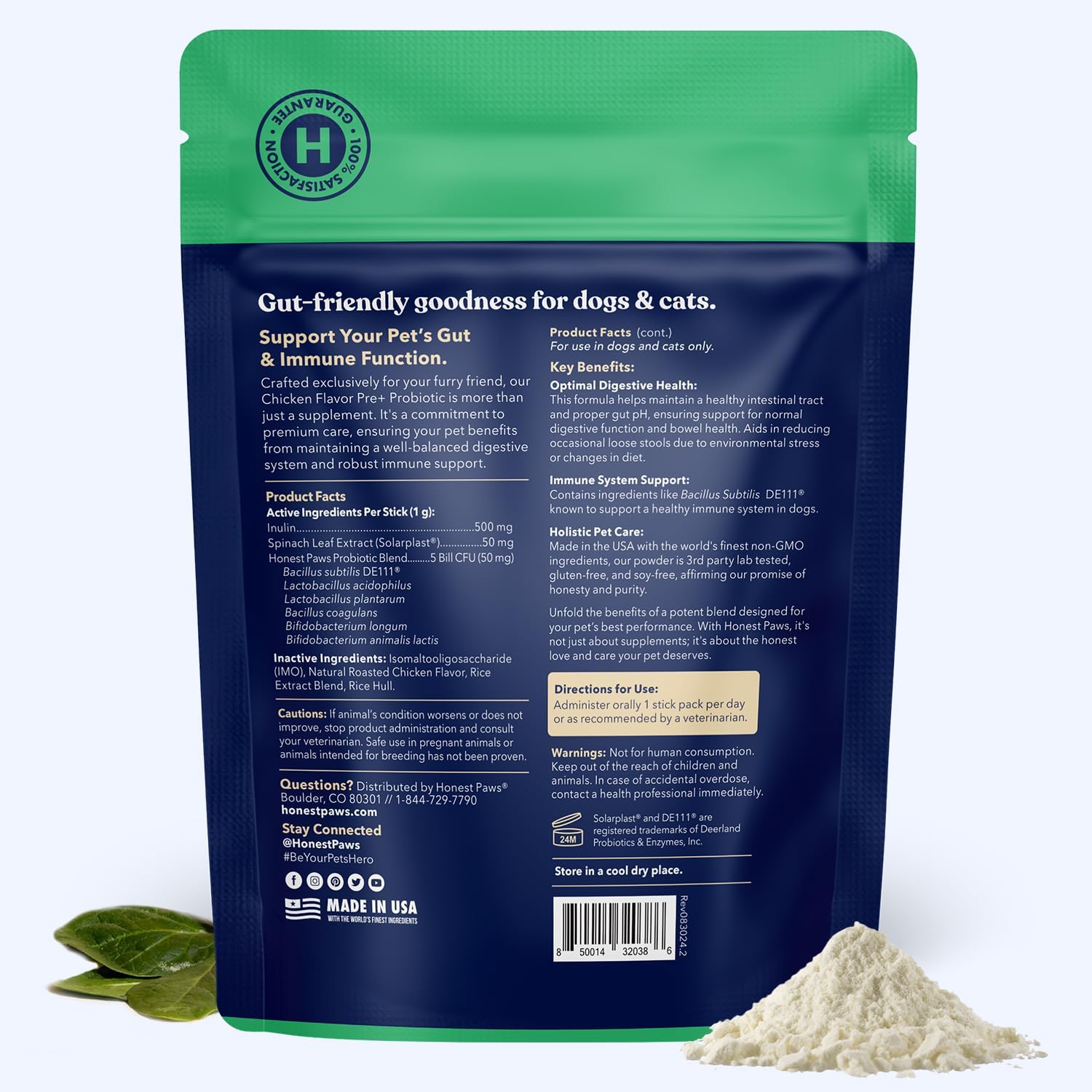 Honest Paws Probiotics for Dogs - Digestive & Immune Support Powder with Prebiotic Made in The USA, Chicken Flavor (30 Sticks)