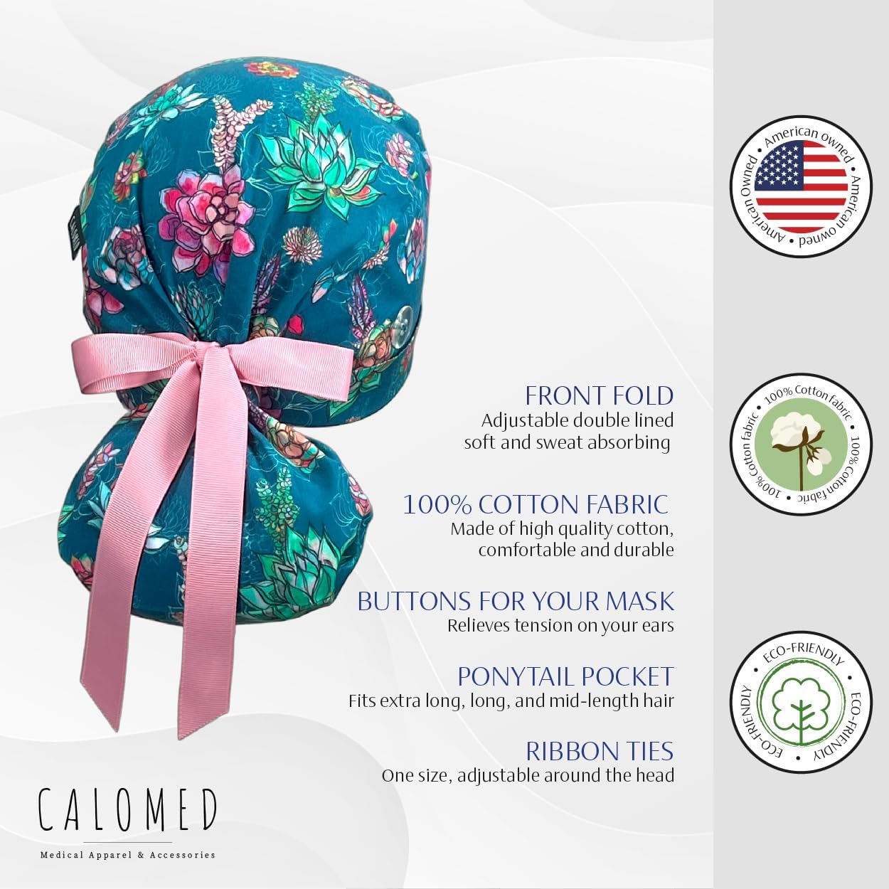 Scrub Cap for Women and Men, Ponytail Scrub Caps, Working Hat, Head Cover with Ribbon Ties and Buttons, Long Hair