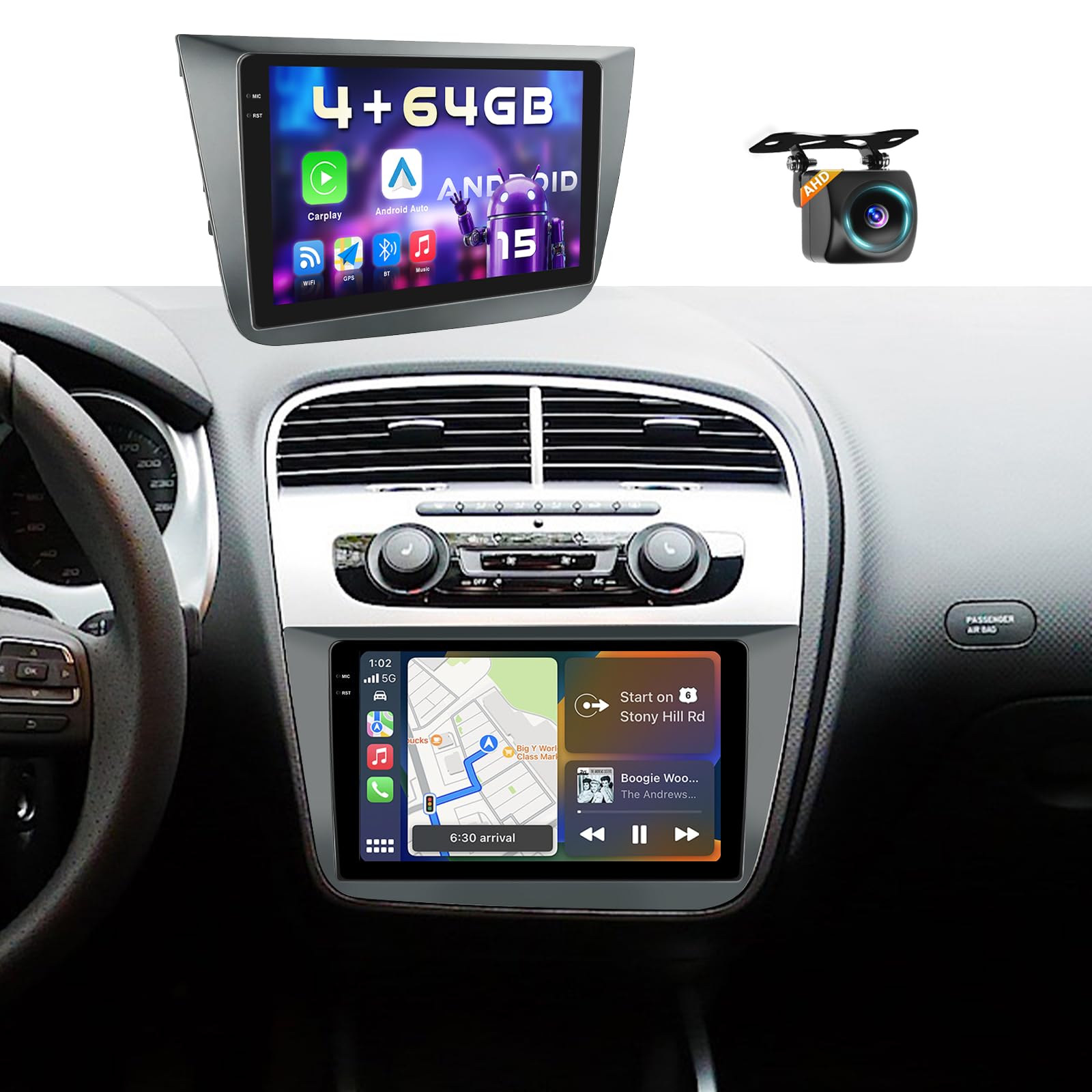 4+64GB Android 15 Autoradio pour Seat Altea 2004-2015, Toledo 2004-2009 Carplay Android Auto sans Fil, 9 Pouces Écran Tactile Poste Radio Voiture BT/GPS/Caméra de Recul/FM RDS/EQ/WiFi/SWC