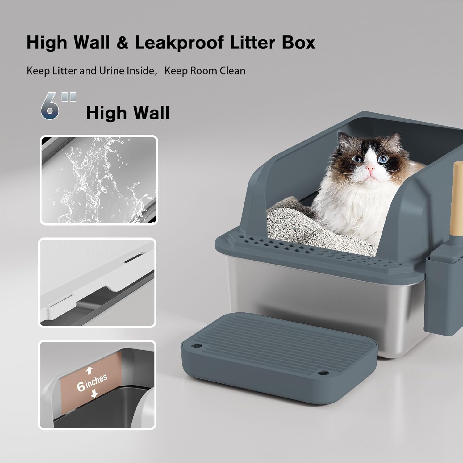Stainless Steel Semi-Enclosed Cat Litter Box with Elevated Anti-Leak Feet XL for Big Cats Multi-Cat Homes High Sides Non-Stick Surface Includes Litter Scoop (Dark Grey)