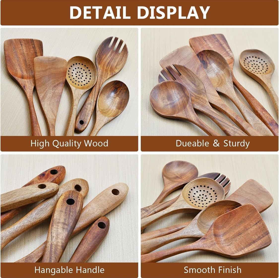 Espátula de madera de neem hecha a mano antiadherente para cocinar y servir, utensilios de cocina, cuchara de madera premium, cuchara de postre, juego de cucharas de mesa (paquete de 6)