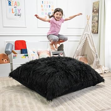 Foamma Crash Pad 48" x 60 Black Long Pile Faux Fabric Sensory Crash Pad with Foam Blocks for Autistic Kids, Soft & Washable Cover Ideal for Kids & Adults to Jump, Play, or Relax