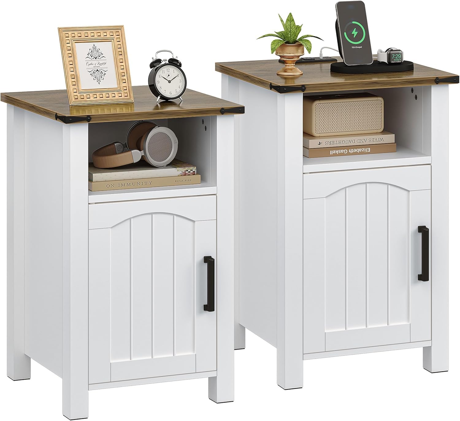 Decofy Farmhouse Nightstand Set of 2 with Charging Station