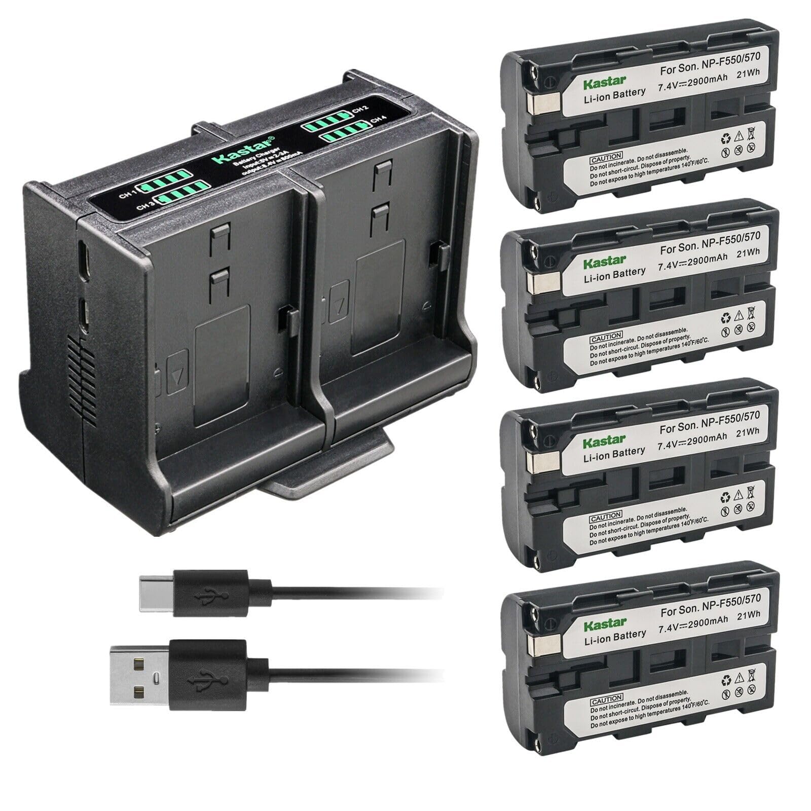 Kastar 4-Pack Battery and Quadruple Charger Compatible with Sony NP-F550 NP-F570 NP-F580 NP-F770 NP-F970 Battery, On-Camera Field Monitor and LED