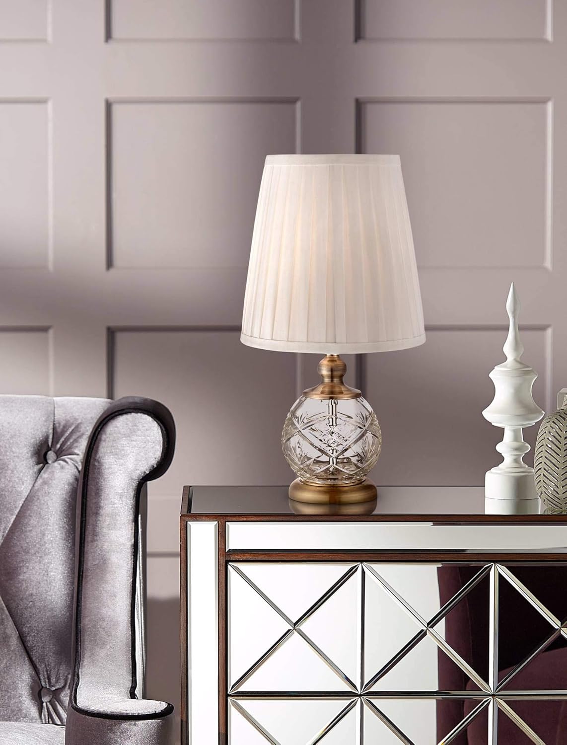 Regency Hill Ida Traditional Small Accent Table Lamp 15" High Clear Crystal Glass Sphere Brass Gold Metal Pleated White Empire Shade Decor for Bedroom House Bedside Nightstand Home Office
