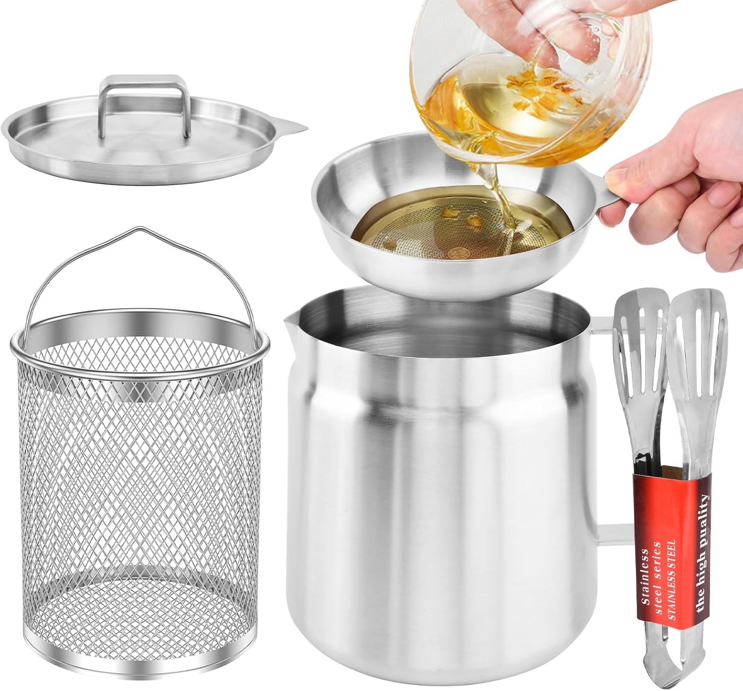 68 Oz Stainless Steel Oil Filter Pot with Strainer for