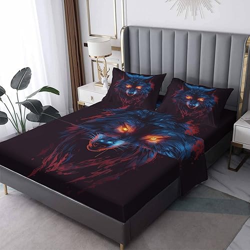 Sábanas de lobo tamaño King, sábanas de animales de lobo, sábanas y fundas de almohada estampadas de 4 piezas, sábana bajera ajustable de microfibra