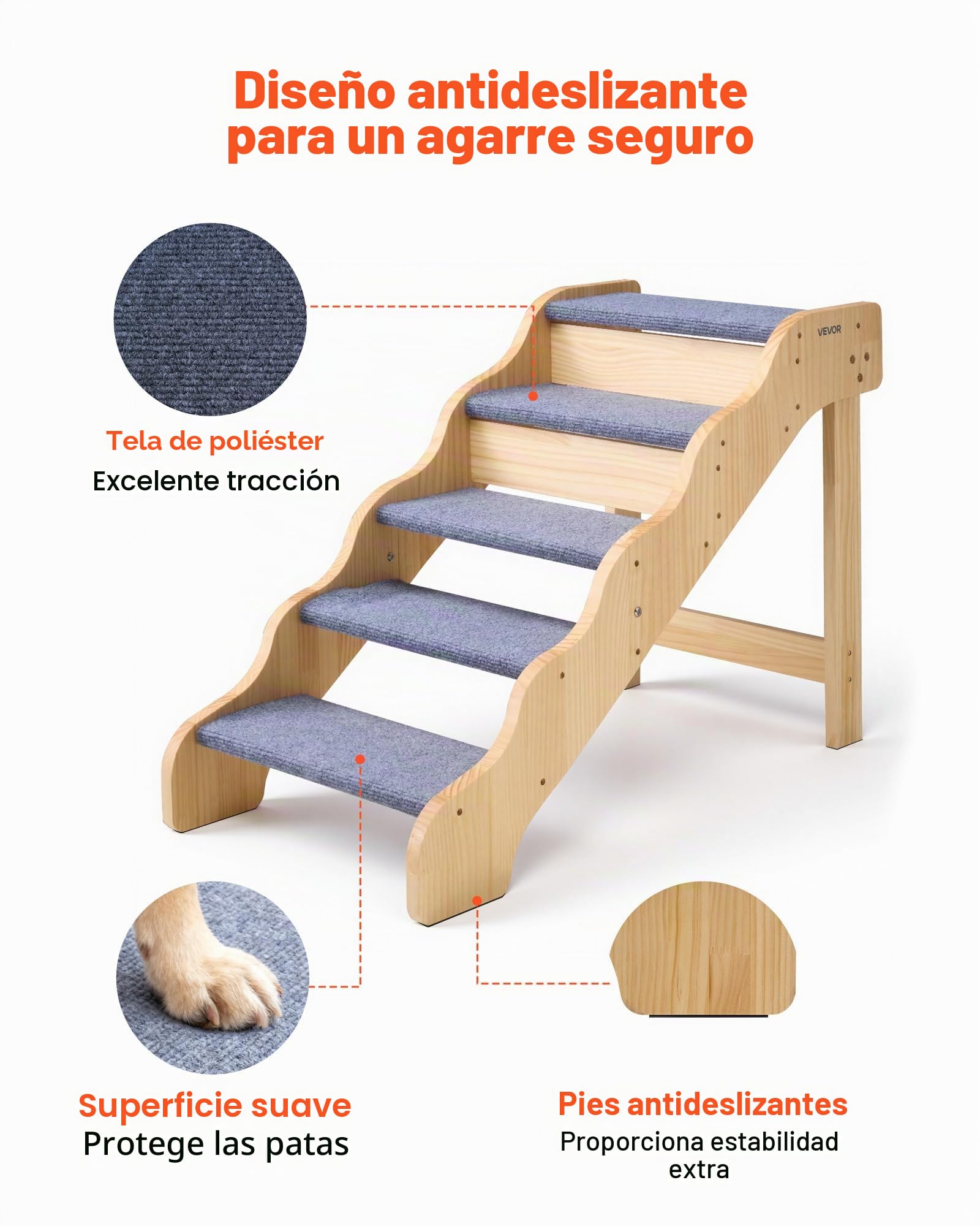 VEVOR Escalera para Perros de 910 x 430 x 630 mm, 5 Peldaños, de Madera, para Mascotas Pequeñas, Medianas, Grandes y Mayores, Así como para Cachorros de hasta 68 kg, para Camas, Sofás y Coches