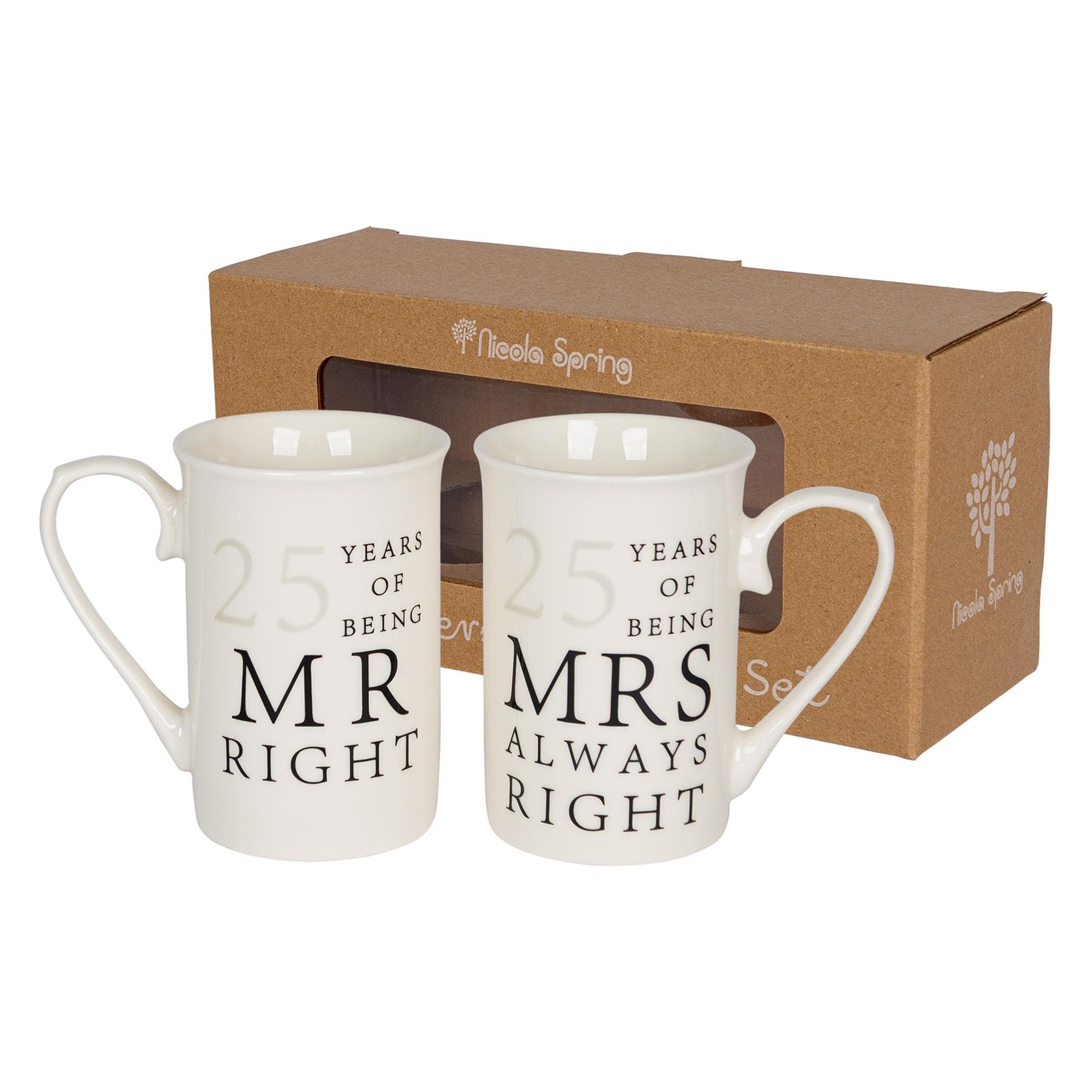 Nicola Spring 25th Anniversary Coffee Mug Set - 300ml Set of 2 New Bone China Coffee Teacup Drinking Mugs for Wedding, Milestone Celebration, His & Hers, Mr Right Mrs Always Right Couples Gift Box
