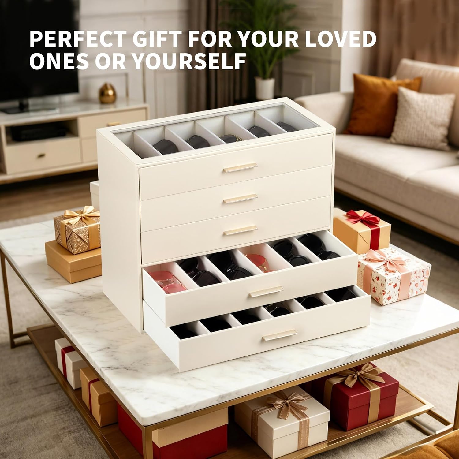 AUTORK PU Leather Sunglasses Organizer Case with Lock,5-Layer 30-Slot Eyeglass Display Box with Drawer,Glass Top Jewelry Storage Holder for Men Women,Ideal Gift for Desktop,Beige,MKAWD02