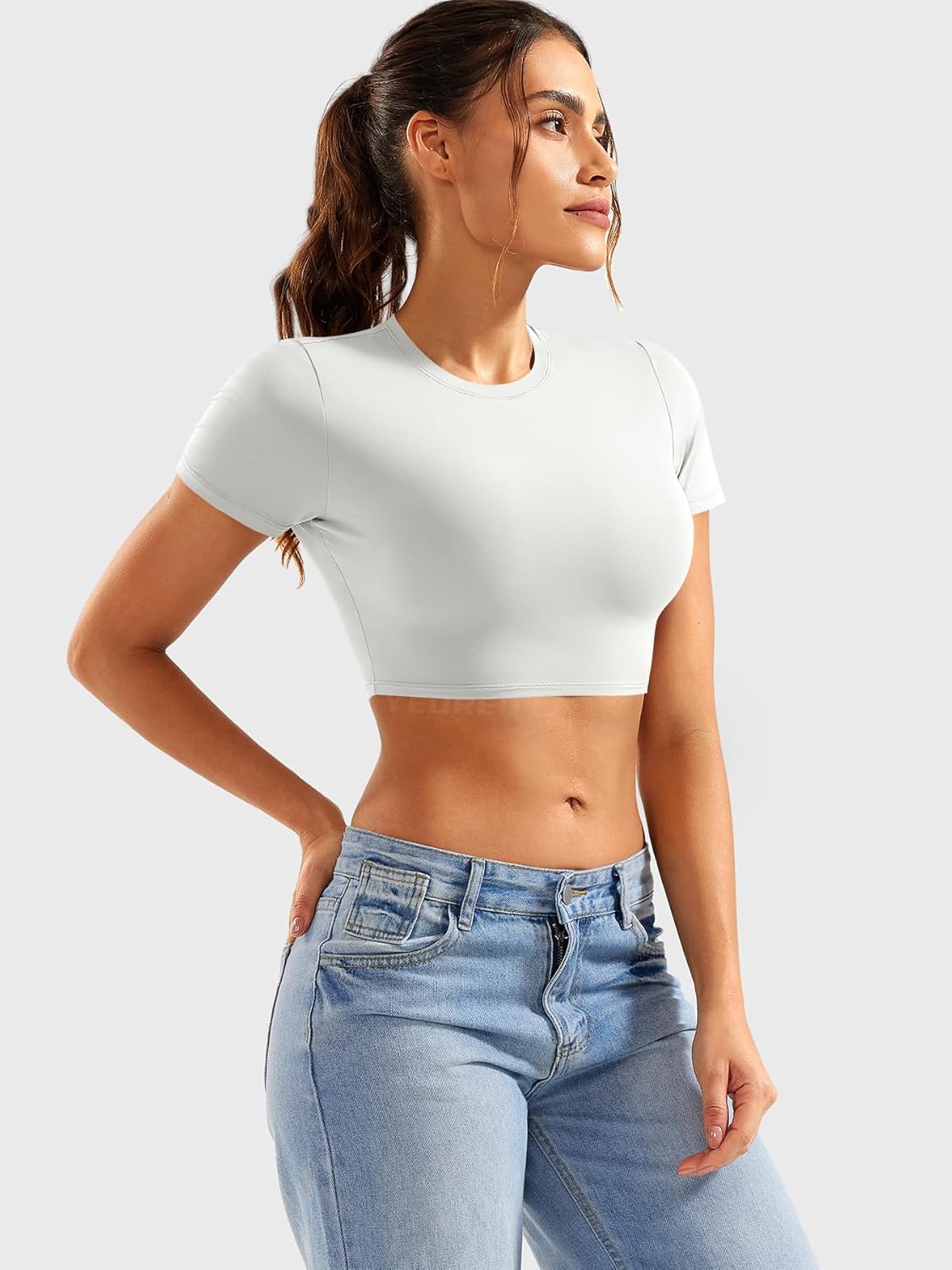 YEOREO Short Sleeve T Shirt for Women Double Lined Crop Top Crew Neck Workout Tee Colin Slim Fit Summer Basic Going Out Top - Image 3