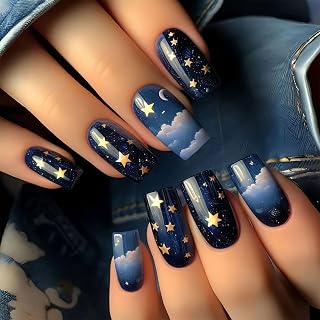 Fall Blue Starry Sky Press on Nails Short Square Fake Nails Gradient Full Cover Glue on Nails Stars Moon Clouds Design Oval Acrylic False Nail Autumn Glossy Artificial Nail Reusable for Women