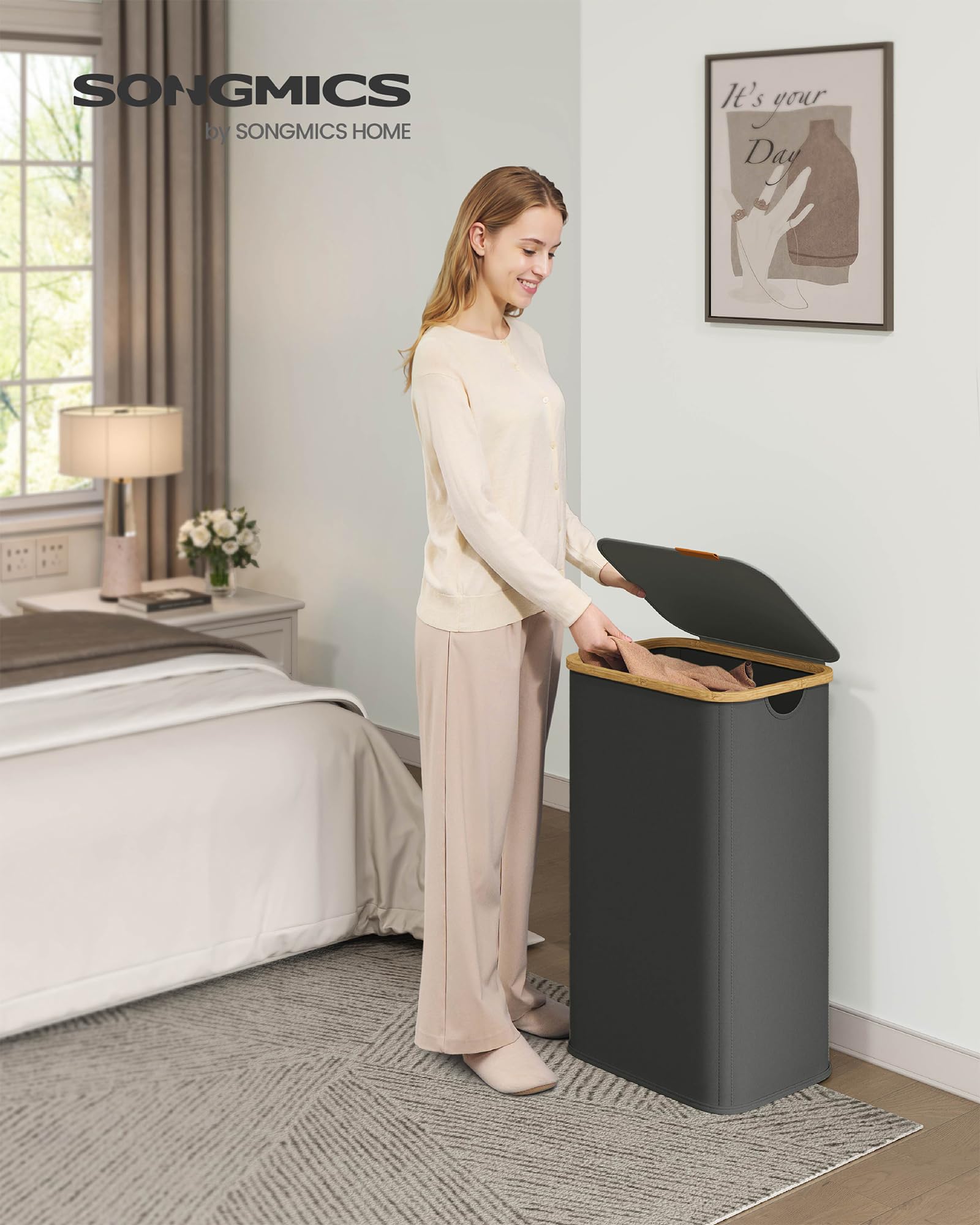 SONGMICS Cesto de Ropa con Tapa, Recogedor de Colada, Tejido de Oxford, Plegable, Marco de Bambú, Lavadero, Dormitorio y Salón, 100 L, 42 x 32 x 70,5 cm, Gris Pizarra LCB518GN01 - 3