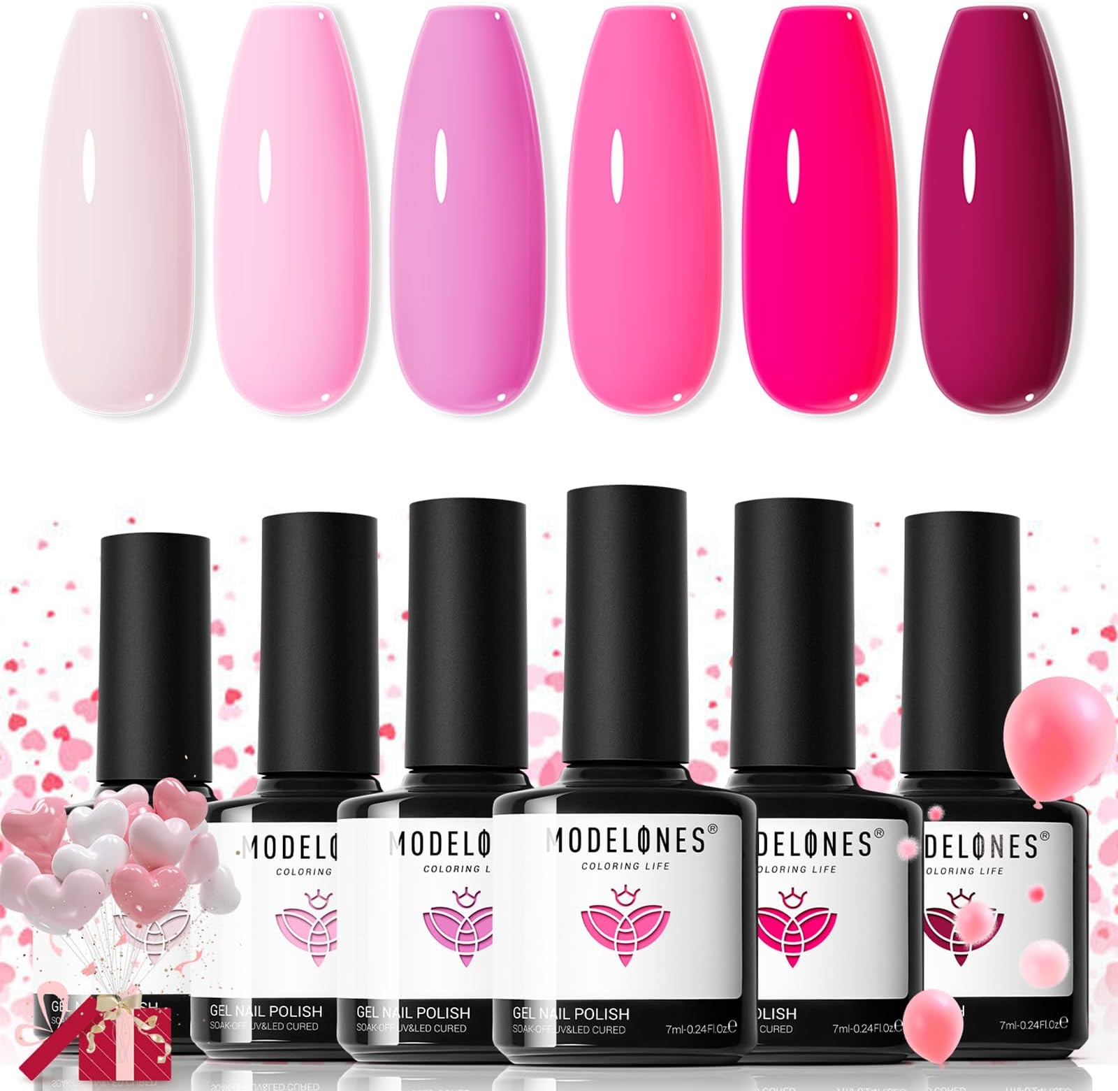 Modelones Pink Gel Nail Polish Set- 6 Colors 2026 Mothersday Summer Spring Pastel Hot Pink Tones Neon Pink White Gel Polish Magenta Light Soft to Dark LED Nail Art for Nail Lovers Gift DIY Starter Kit