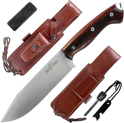 JEO-TEC N37 Bushcraft - Cuchillo de caza de supervivencia para campamento, acero inoxidable, Mova 58, funda de cuero multiposicionado, hecho a mano