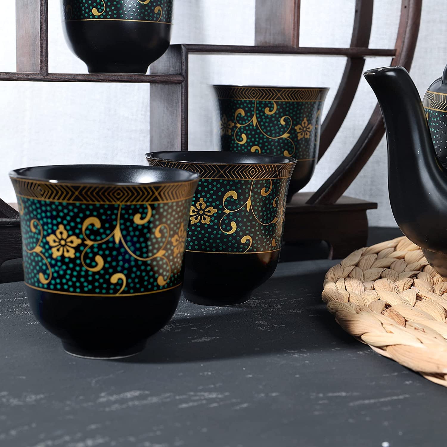 Chiński japoński porcelanowy zestaw do herbaty, ręcznie wykonany czajniczek kungfu z 6 filiżankami, duży czarny dzbanek do herbaty ze złotymi kwiatami wzór