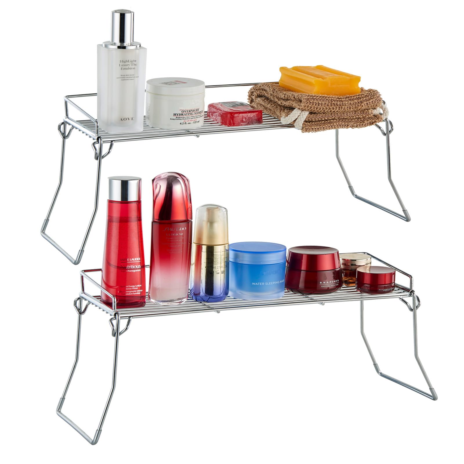 JUNCHU CHERRY Metal The Sink Vanity Organizer 2 Pack, Bathroom or Kitchen Sink Organizer, Feminine Products Organizer (2 Chrome)