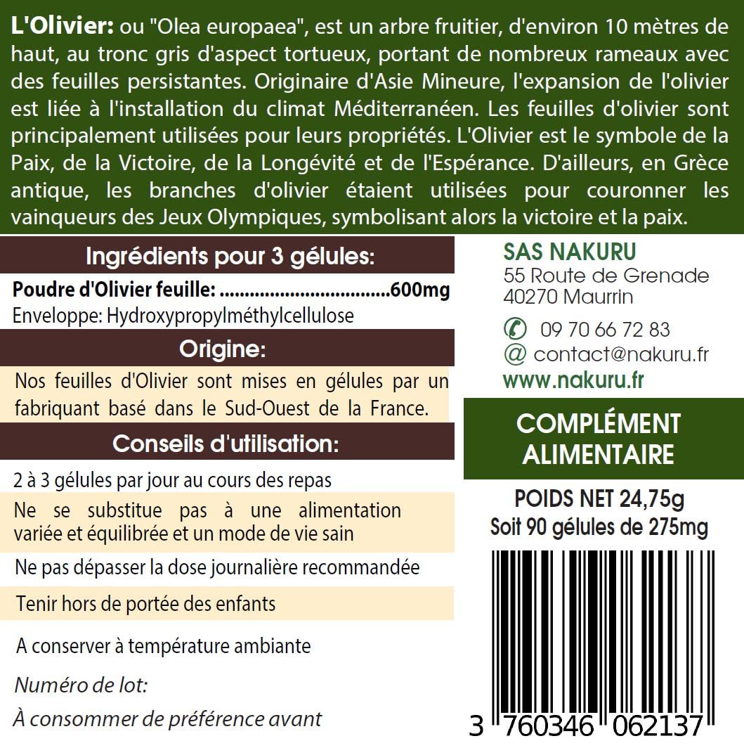 NAKURU | Olivier | Gamme Power | Fabriqué en France | "L'Arbre de la Sagesse!" (90 Gélules Végétales de 275mg / Poids Net: 24,75g)