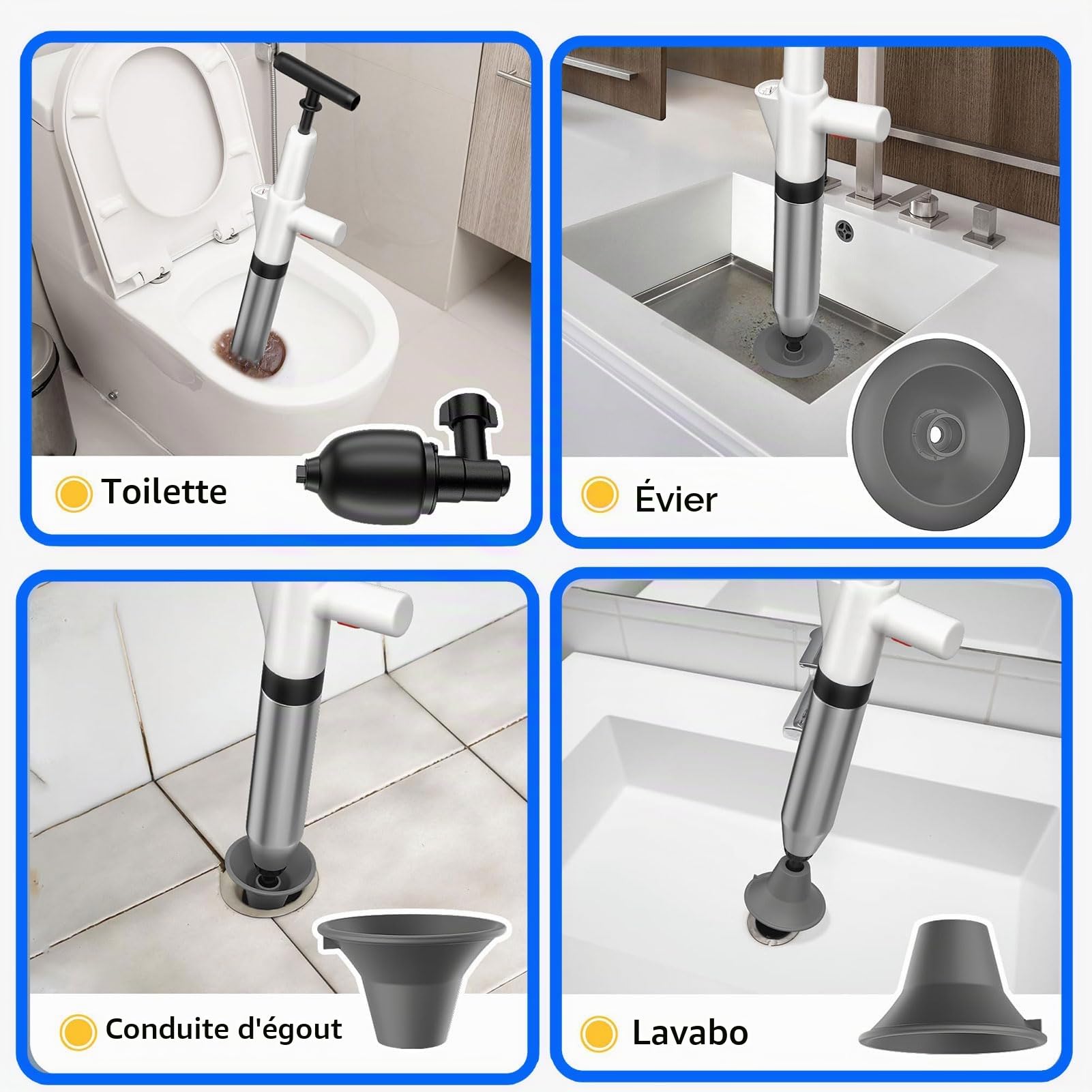 Deboucheur WC, 4-en-1 à Air Comprimé Ventouse Haute Pression Piston Puissant, Toilette/Évier/Baignoire, Anti-Bouchons Cheveux/Papier, avec 3 Têtes Remplaçables + Baromètre + Gonfleur