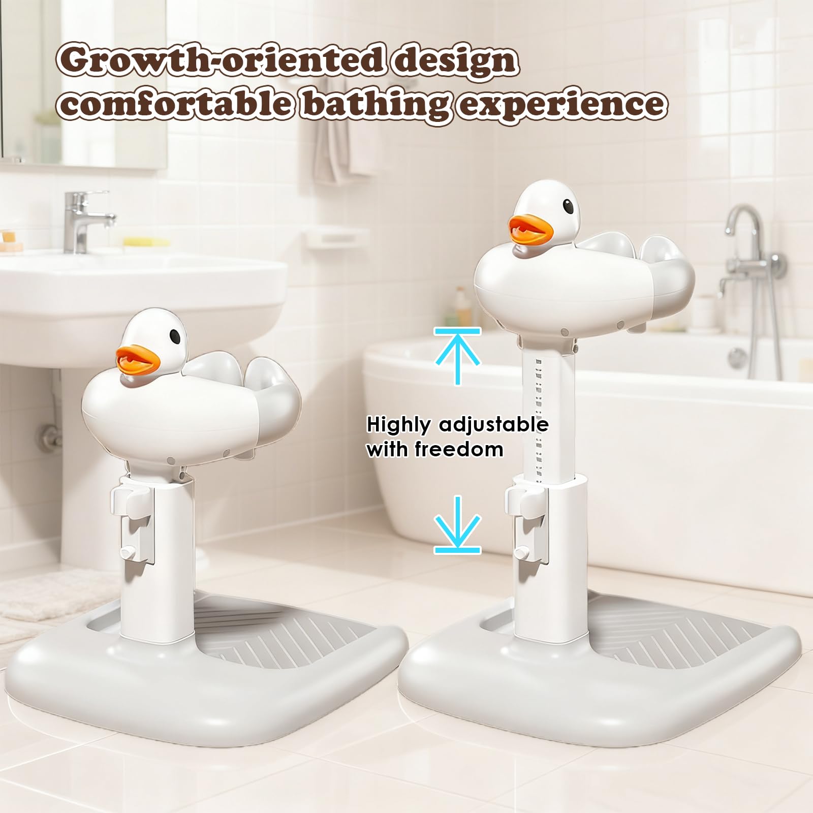Support de Bain Bébé Debout avec Canard Sonore, Douchette Bébé Bain Réglable en Hauteur, Siège de Bain pour Bébé Antidérapant pour 6 Mois à 3 Ans, Idéal pour Salle de Bain Familiale et Crèches