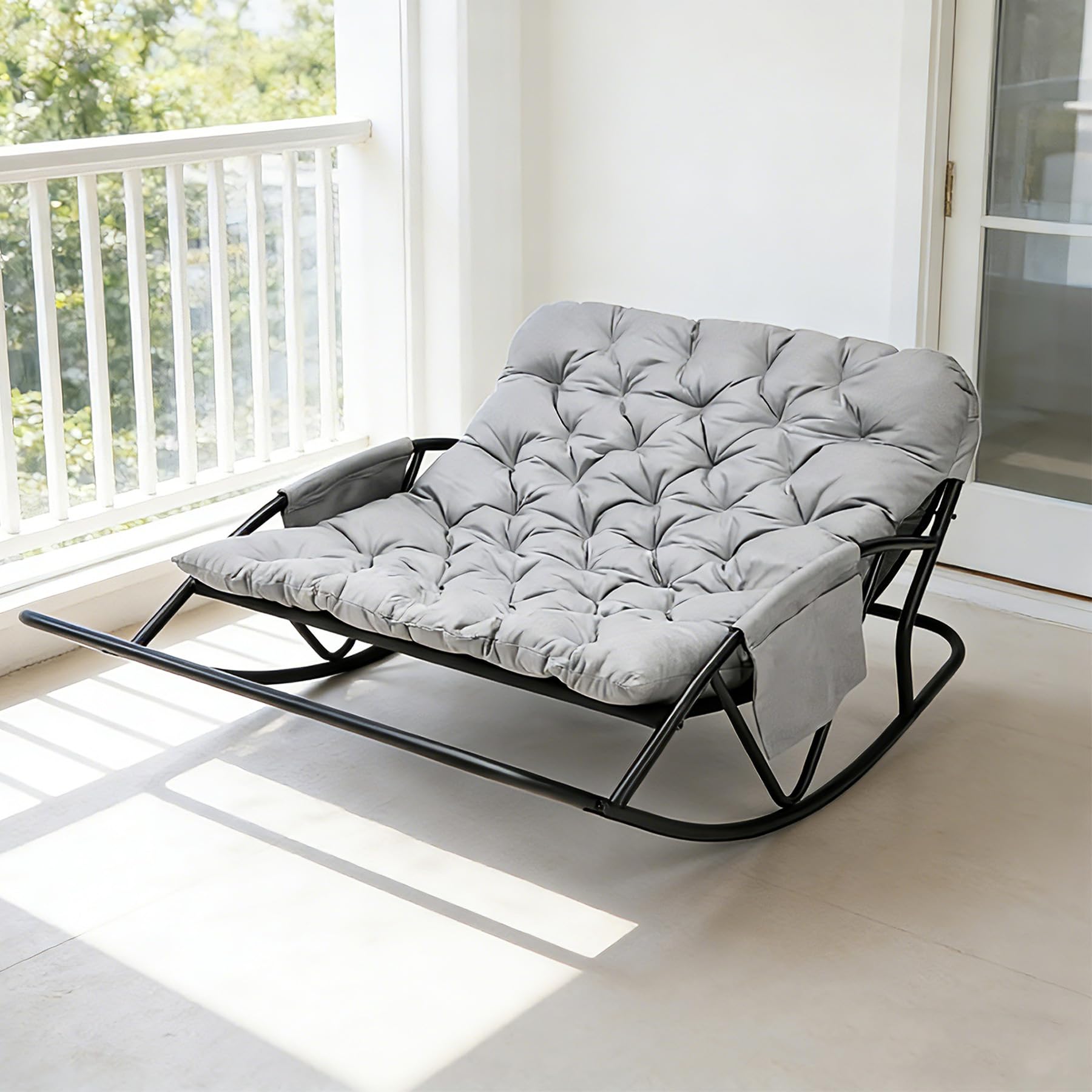 Fauteuil à Bascule Extérieur avec Coussin pour Deux, Support de Pied, Rocking Chair Papasan pour Chambre, Salon, Terrasse, Jardin, Balcon, capacité de Charge 240 kg,Tissu technologique,Gris