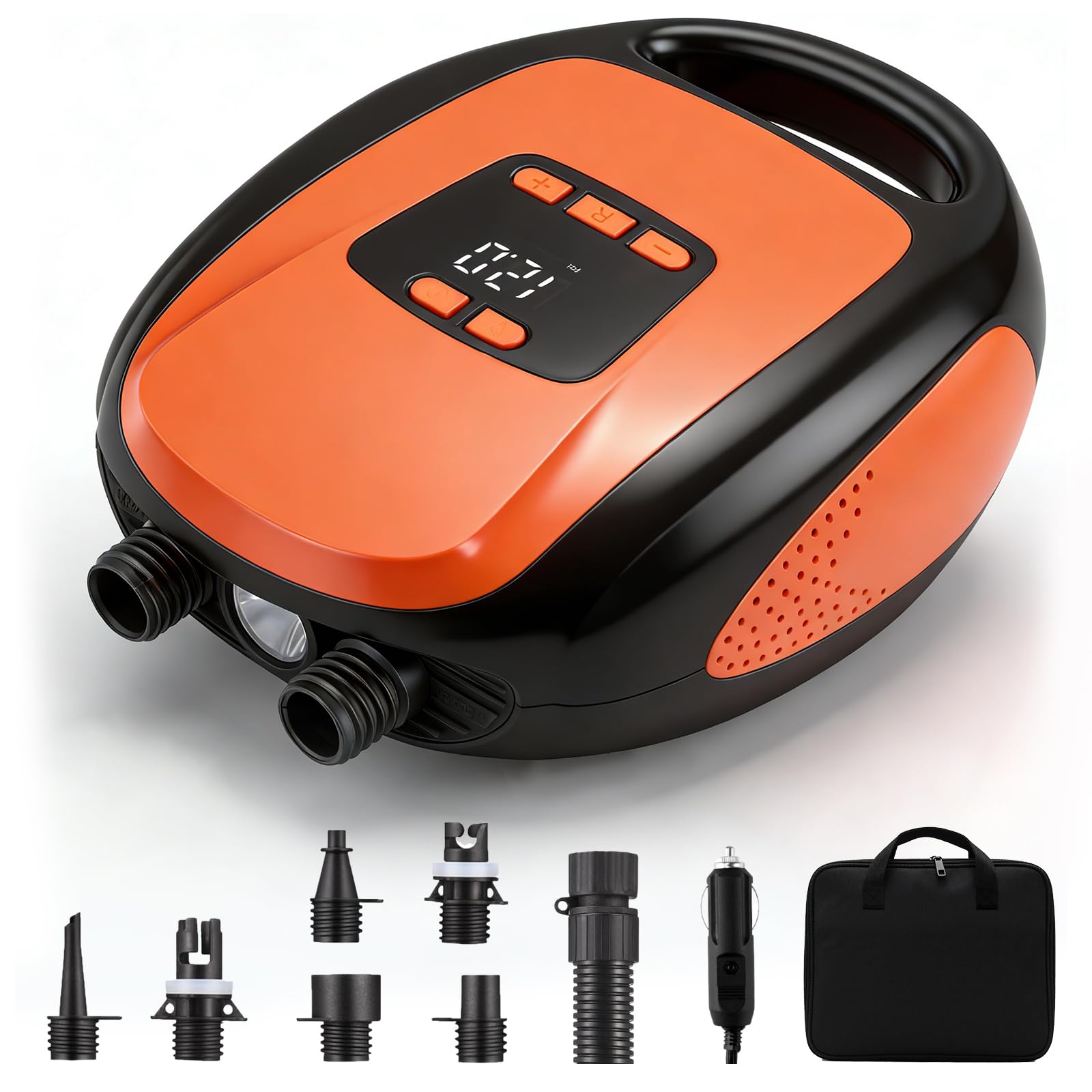 Pompa elettrica SUP 20 PSI, 12 V, pompa ad aria ad alta pressione con auto-off, display LCD, luce LED, 7 adattatori per stand up paddle board gonfiabile, kayak