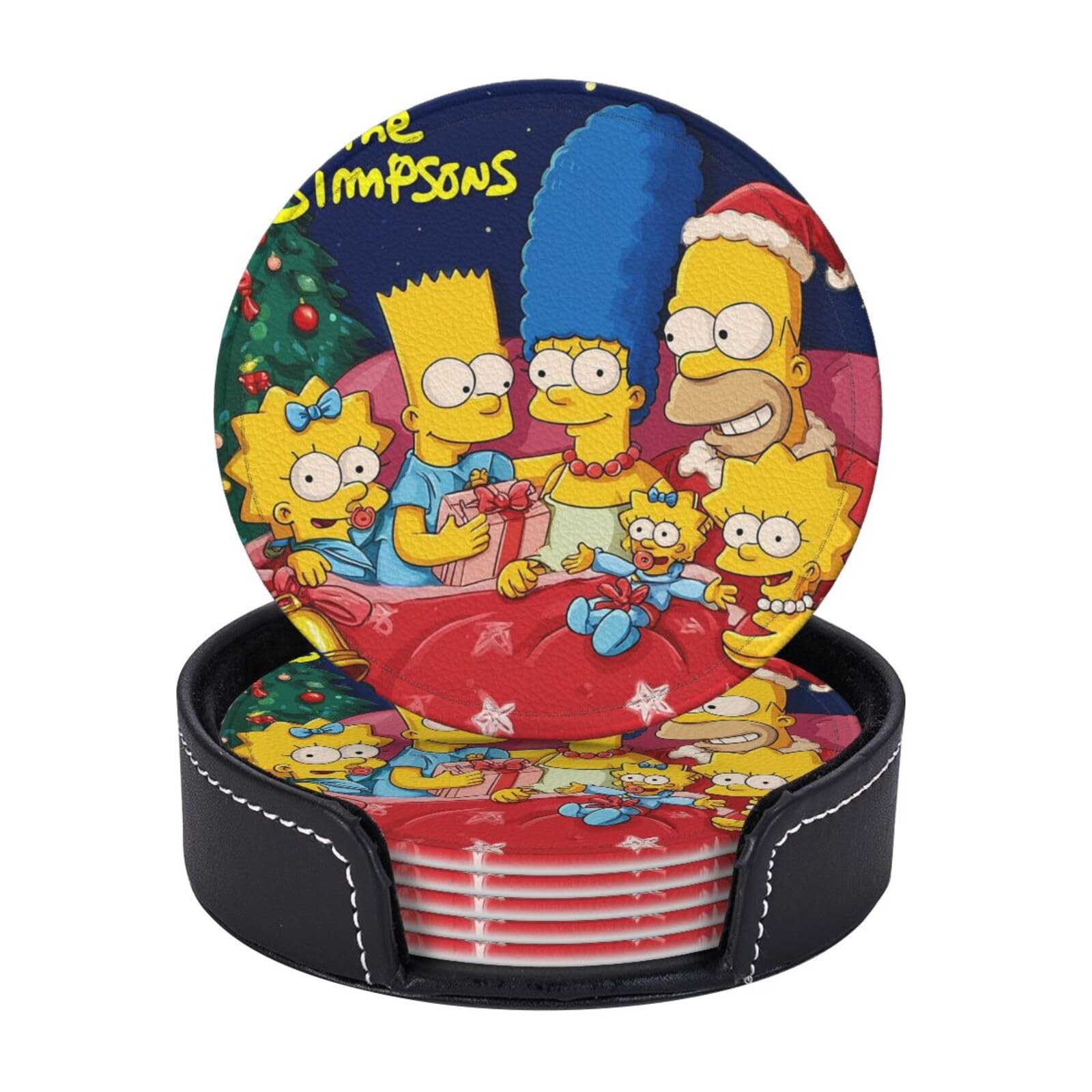 Coasters Set of 6 Leather Drink Coasters with Holder Simpsons Coasters for Drinks Heat Resistant Coaster Round Coffee Cup Mat Pad for Kitchen Office Home Decor