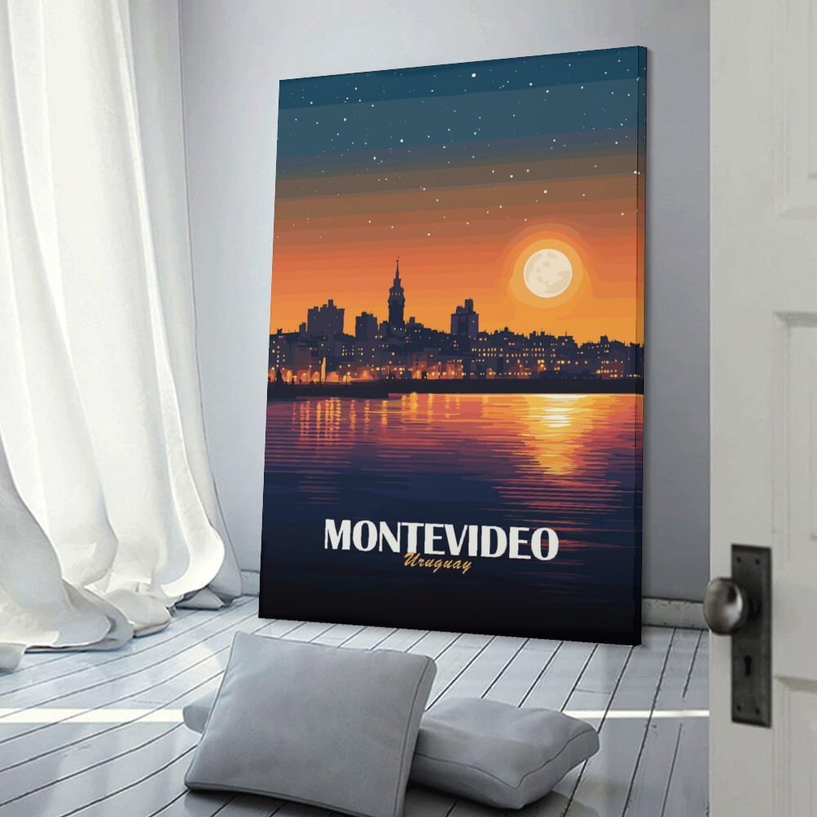 Junmoney Montevideo Uruguay Cityscape at Night Canvas Wall Picture, 24x36inch(60x90cm), for Flats, Guest Rooms Or Compact Rooms, An Easy Choice for New Home Styling