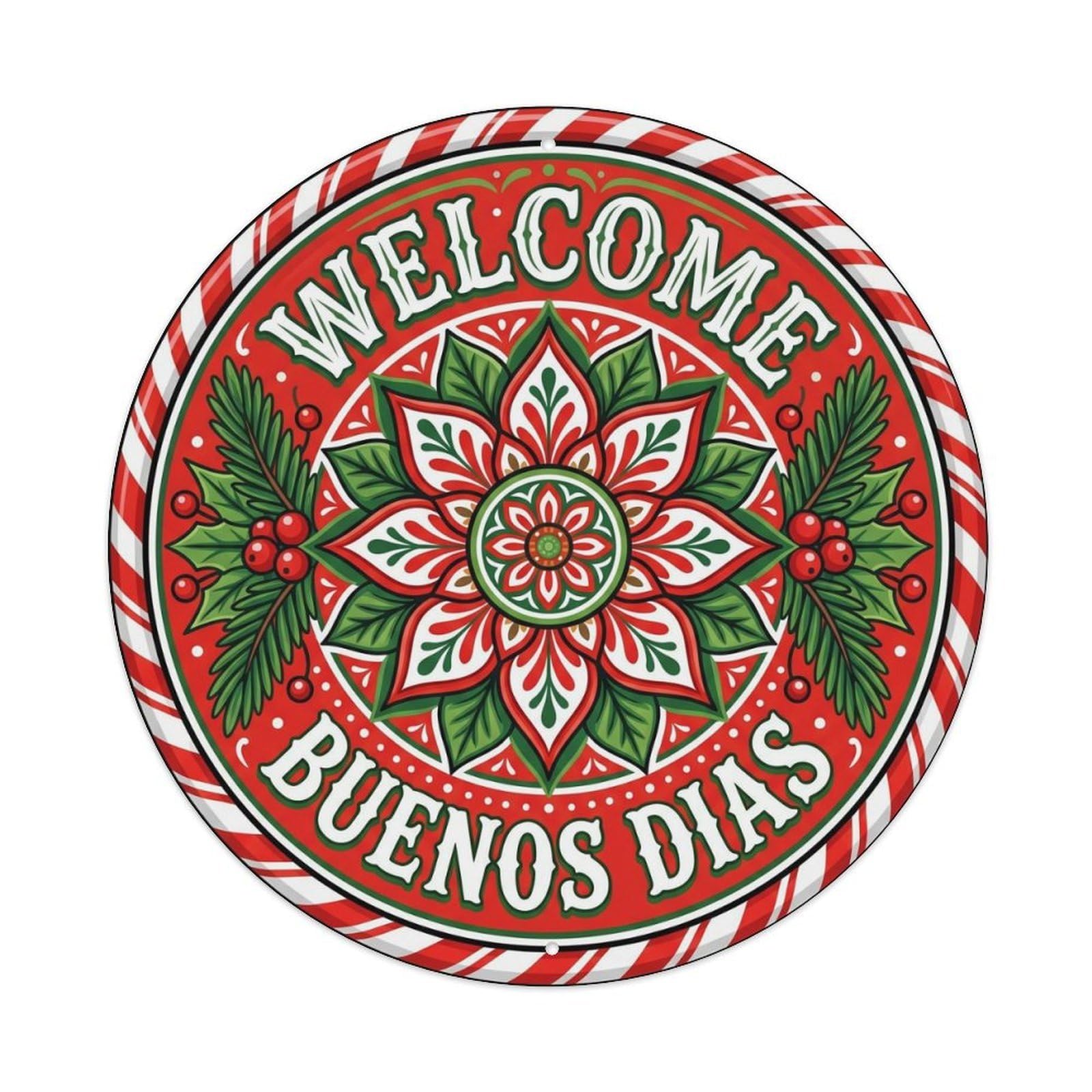 Welcome Christmas Ornament Metal Tin Sign Plaque Wall Decor for Cafe, Club, Garden Round Metal Poster 8x8Inch