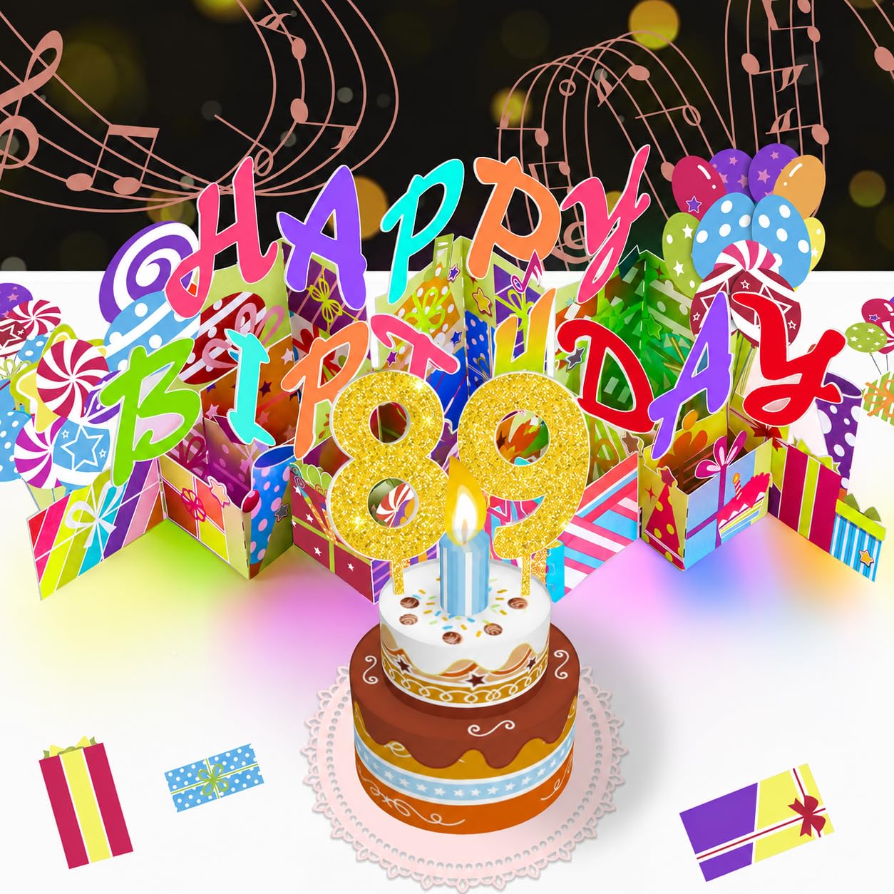 89th Pop-Up Musical Birthday Card, Blowable LED Candle for Women and Men
