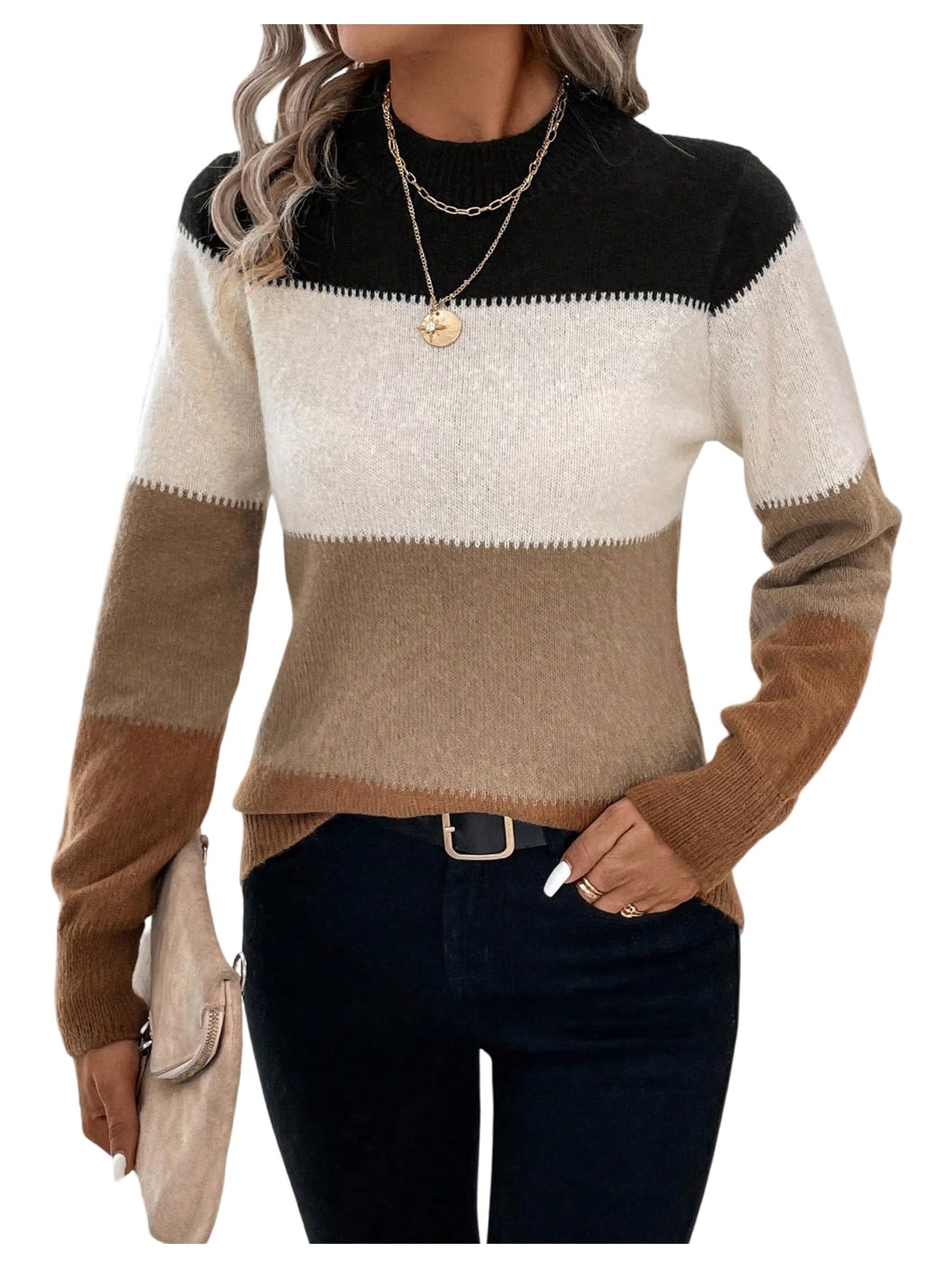Floerns Womens Striped Long Sleeve Sweaters Knitted Mock Neck Fall Outfit Pullover Tops