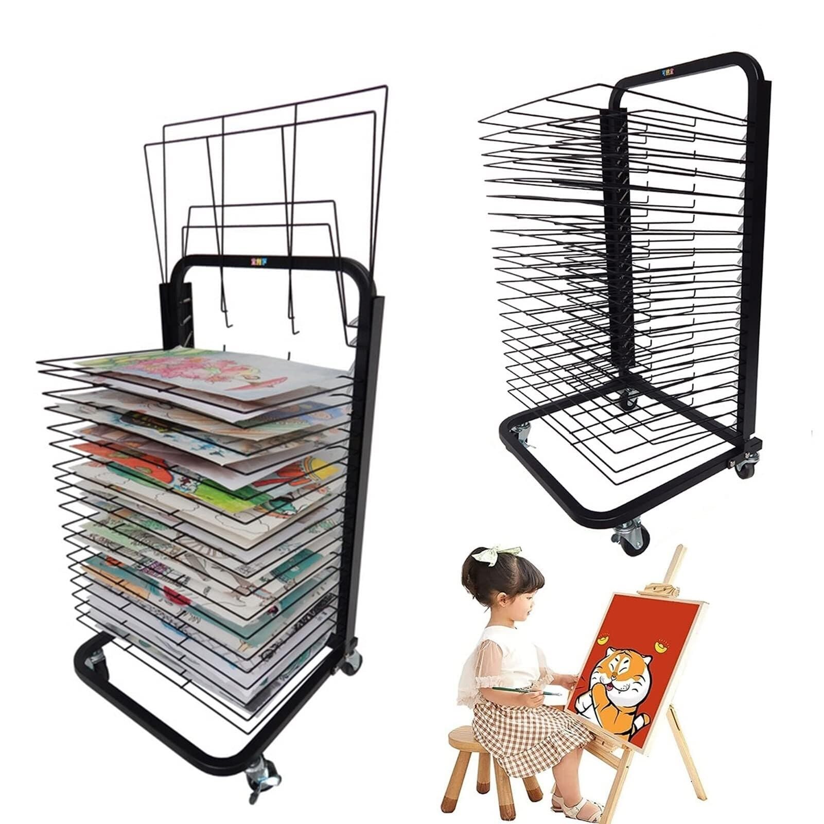 JYHHGDS Wire Art Drying Rack with 20 Flexible Shelves, Mobile Art Cart for Painting Panels & Canvas Storage, Stackable Metal Steel Art Rack for Classroom & Studio Use