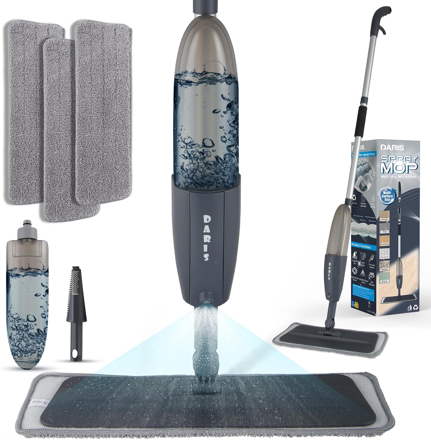 DARIS Spray Mops with 3 Microfiber Pads Dust Mop with 360ml Bottle for Floor Home Cleaning 360 Rotation Wet Dry Mops for Cleaning Hardwood, Laminate, Ceramic