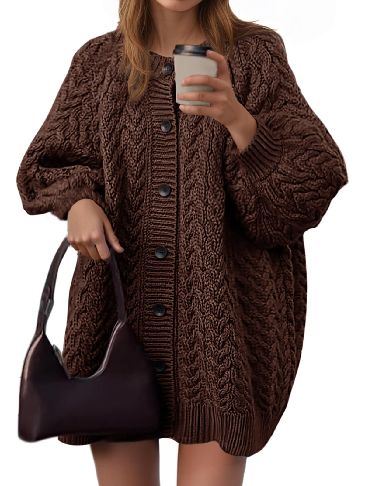 Saodimallsu Womens Cable Knit Cardigans Oversized Chunky Button Down Long Lantern Sleeve Crew Neck Warm Sweater Dress